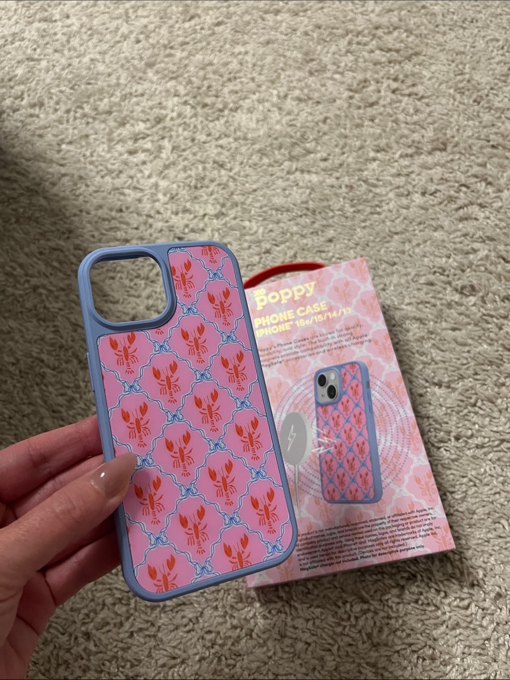 Poppy Pink Lobster iPhone Magsafe Case with Blue Trim
